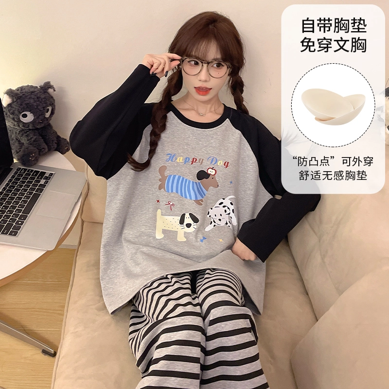 蒄趣 宽松一体带胸垫可外穿家居服长袖长裤舒适薄款睡衣套装 女款