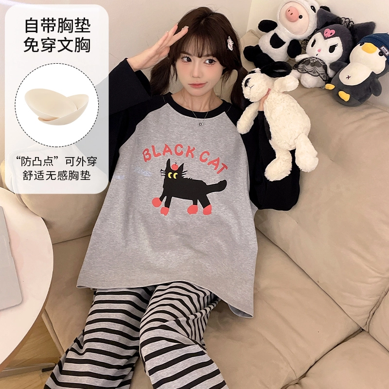 蒄趣 可爱减龄少女带胸垫外穿卡通宽松舒适亲肤睡衣套装 女款