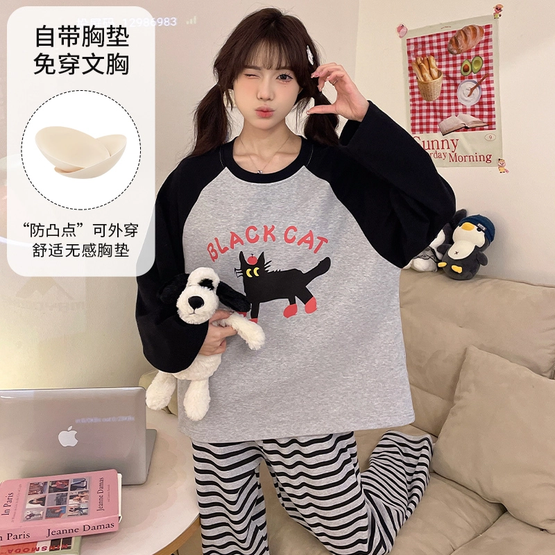 蒄趣 可爱减龄少女带胸垫外穿卡通宽松舒适亲肤睡衣套装 女款