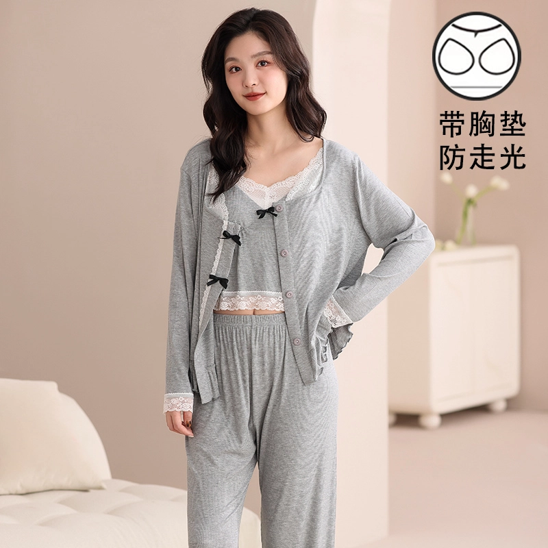 蒄趣 优雅甜美蕾丝吊带长袖开衫长裤自带胸垫宽松三件套睡衣套装 女款