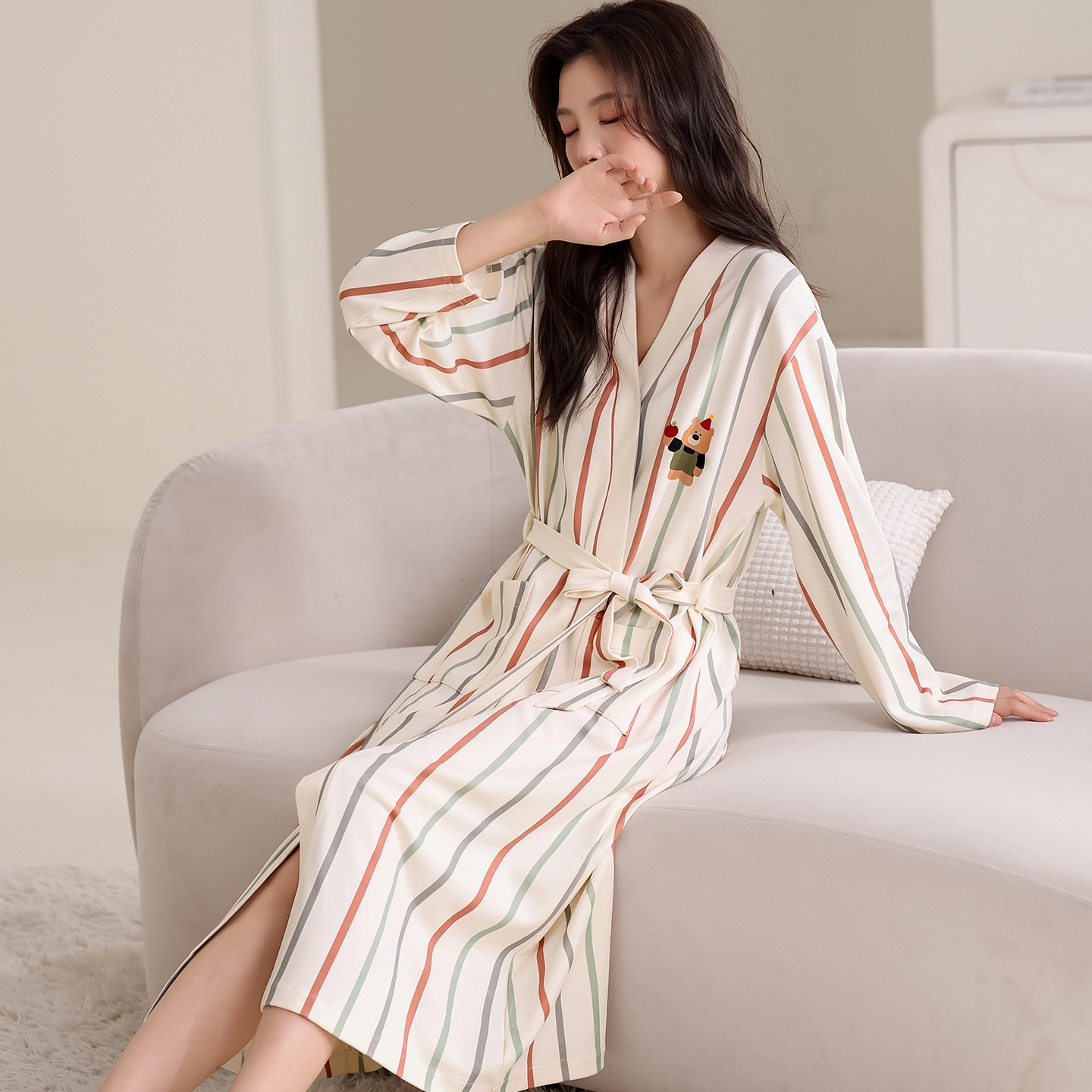 蒄趣 纯棉长袖微弹长款家居服舒适条纹卡通春秋款睡袍 女款