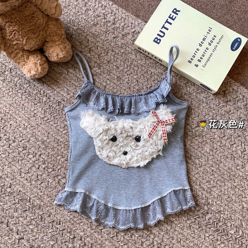 蒄趣 辣妹风蕾丝拼接带胸垫小吊带显瘦无袖上衣外穿毛毛小熊背心 女款