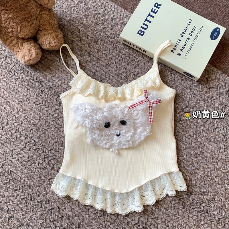 蒄趣 辣妹风蕾丝拼接带胸垫小吊带显瘦无袖上衣外穿毛毛小熊背心 女款