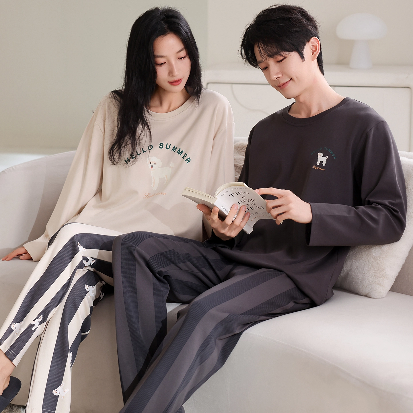 蒄趣 休闲长袖长裤可外穿家居服宽松舒适纯棉春秋薄款睡衣套装 男女同款 两件装