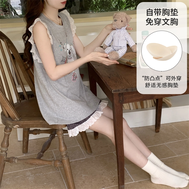 蒄趣 俏皮带胸垫一体可爱蕾丝套头可外穿家居服清凉夏季睡衣套装 女款