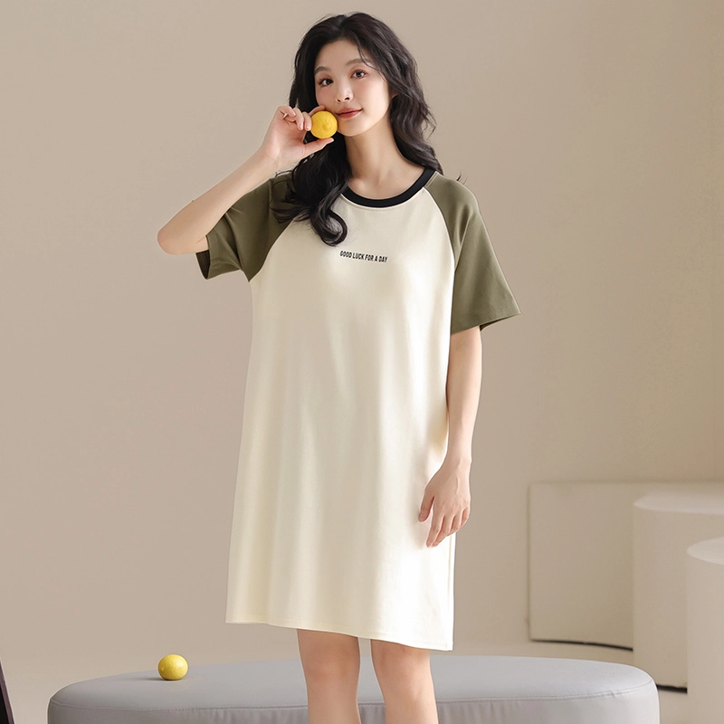 蒄趣 纯棉短袖宽松睡衣中长裙子自带胸垫薄款可外穿睡裙 女款