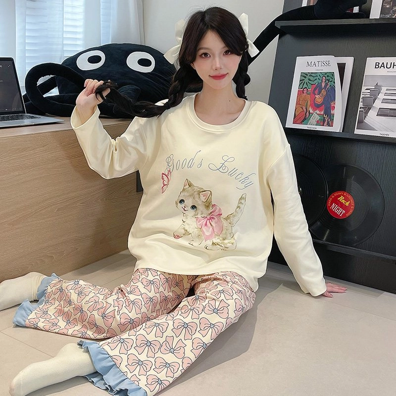 草本初色 可爱卡通图案带胸垫套头甜美宽松休闲长袖长裤可外穿家居服睡衣套装 女款 组合装