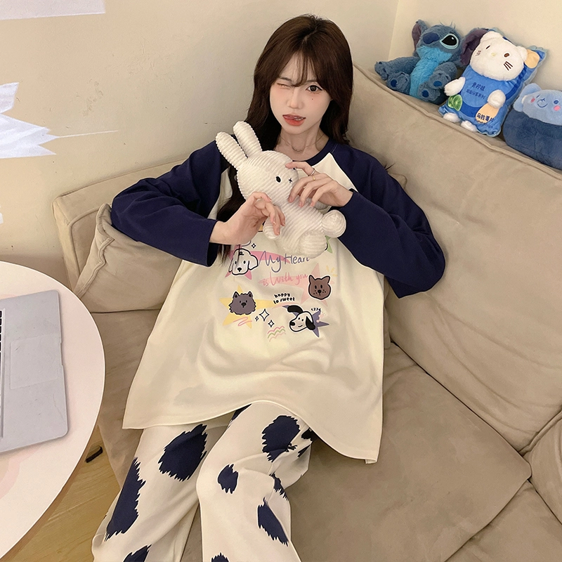 草本初色 带胸垫甜美可爱休闲长裤长袖家居服可外穿睡衣套装 女款 组合装