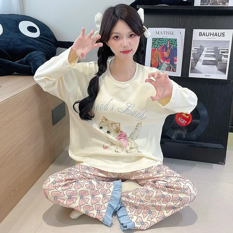 草本初色 可爱卡通图案带胸垫套头甜美宽松休闲长袖长裤可外穿家居服睡衣套装 女款 组合装