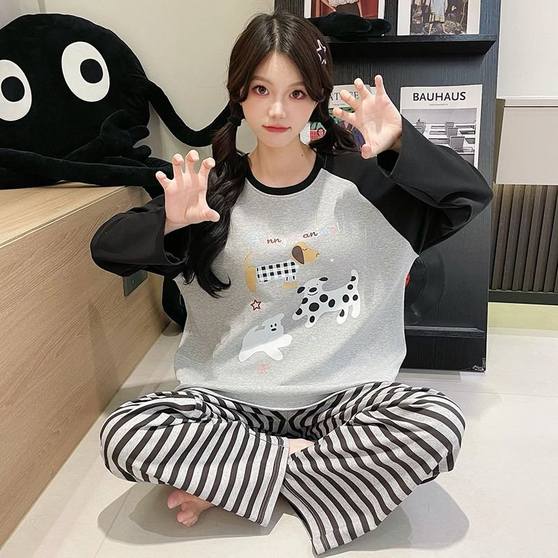草本初色 可爱卡通图案带胸垫套头甜美宽松休闲长袖长裤可外穿家居服睡衣套装 女款 组合装