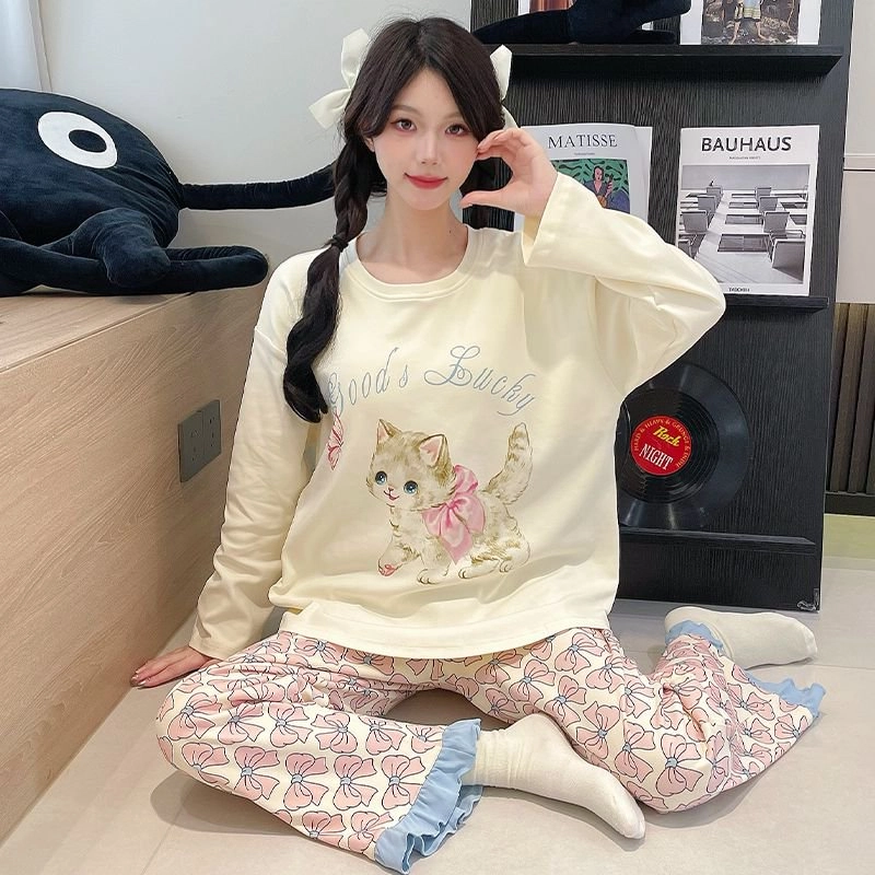 草本初色 可爱卡通图案带胸垫套头甜美宽松休闲长袖长裤可外穿家居服睡衣套装 女款 组合装