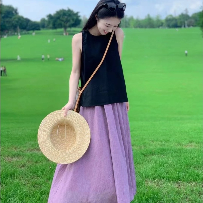 纤丝鸟 复古时尚优雅气质温柔风简约背心上衣高腰半身裙装套装 女款