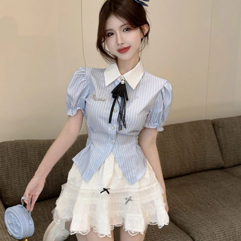 纤丝鸟 韩系甜美减龄小清新翻领衬衣高腰设计感蓬蓬裙裙装套装 女款