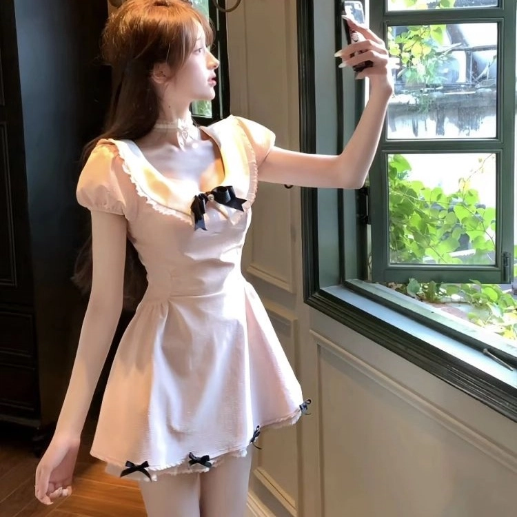 纤丝鸟 法式甜美千金风短裙收腰显瘦设计感纯欲蝴蝶结气质短袖连衣裙 女款