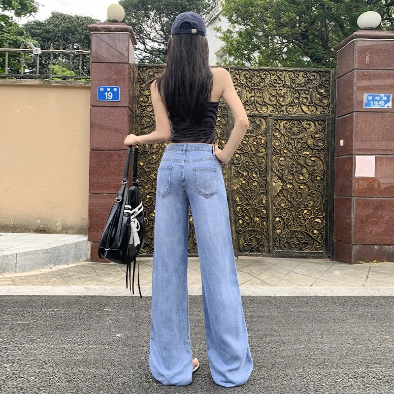 纤丝鸟 美式时尚复古高腰显瘦阔腿垂感百搭直筒透气舒适牛仔裤 女款