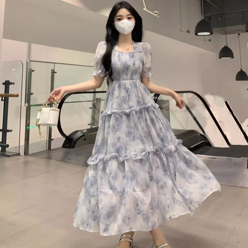 纤丝鸟 法式森系泡泡袖温柔风长裙复古方领显瘦优雅气质短袖连衣裙 女款