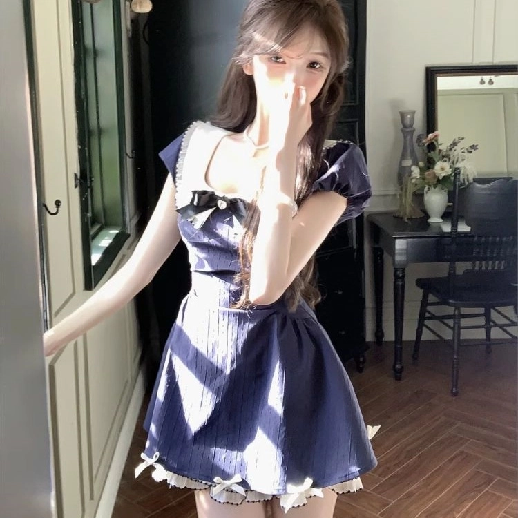 纤丝鸟 法式甜美千金风短裙收腰显瘦设计感纯欲蝴蝶结气质短袖连衣裙 女款