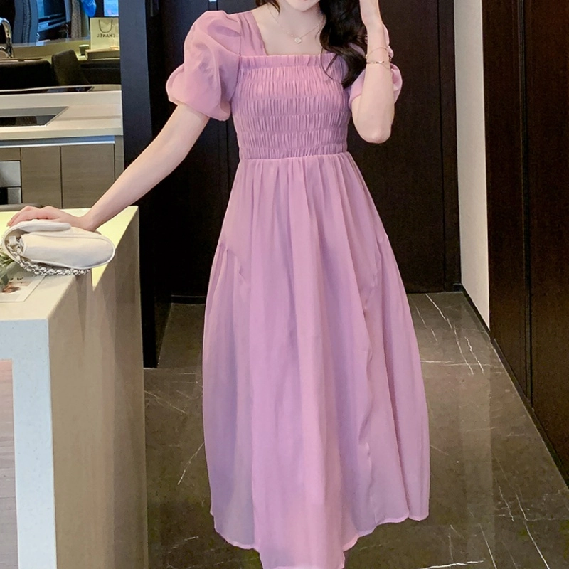 纤丝鸟 夏 温柔风名媛法式时尚简约舒适显瘦气质女神短袖连衣裙 女款