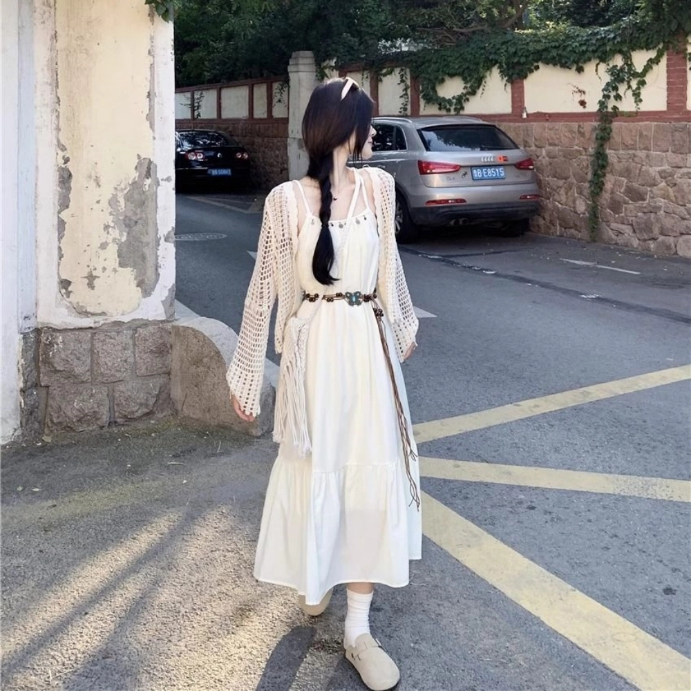 纤丝鸟 波西米亚风复古度假风褶皱设计感露背裙装套装 女款