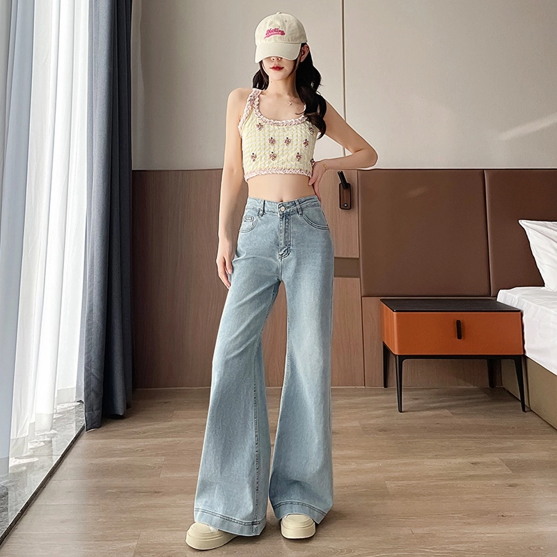 纤丝鸟 美式高腰显瘦阔腿微喇弹力百搭垂感时尚复古牛仔裤 女款