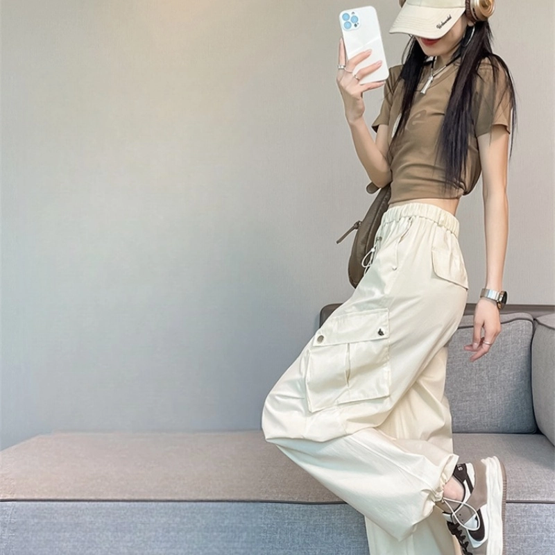 纤丝鸟 时尚潮流休闲百搭高腰直筒阔腿酷飒风户外束脚运动工装裤 女款