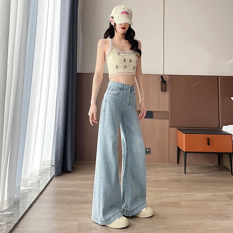 纤丝鸟 美式高腰显瘦阔腿微喇弹力百搭垂感时尚复古牛仔裤 女款