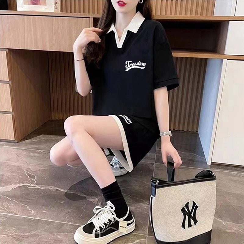 纤丝鸟 宽松运动简约舒适时尚纯棉短袖短裤两件套休闲套装 女款