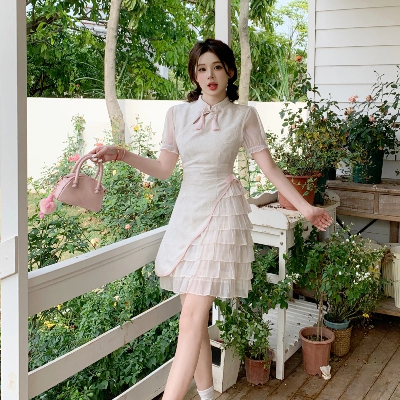 纤丝鸟 春夏 新中式甜美拼接轻盈收腰显瘦蝴蝶结网纱短袖连衣裙 女款 图色