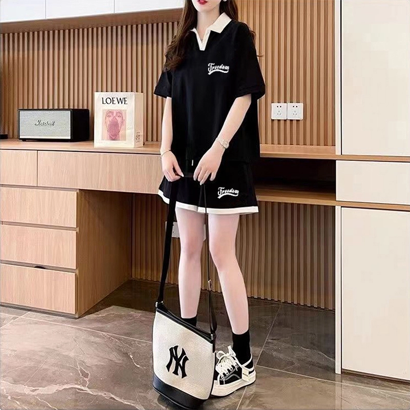 纤丝鸟 宽松运动简约舒适时尚纯棉短袖短裤两件套休闲套装 女款