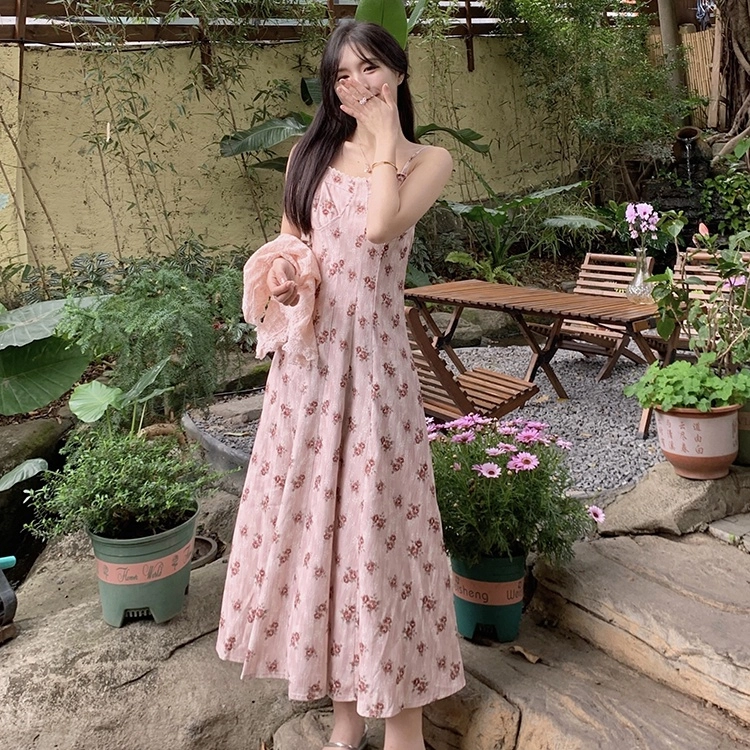 纤丝鸟 法式温柔风浪漫小花设计感百搭蕾丝开衫吊带连衣裙 女款