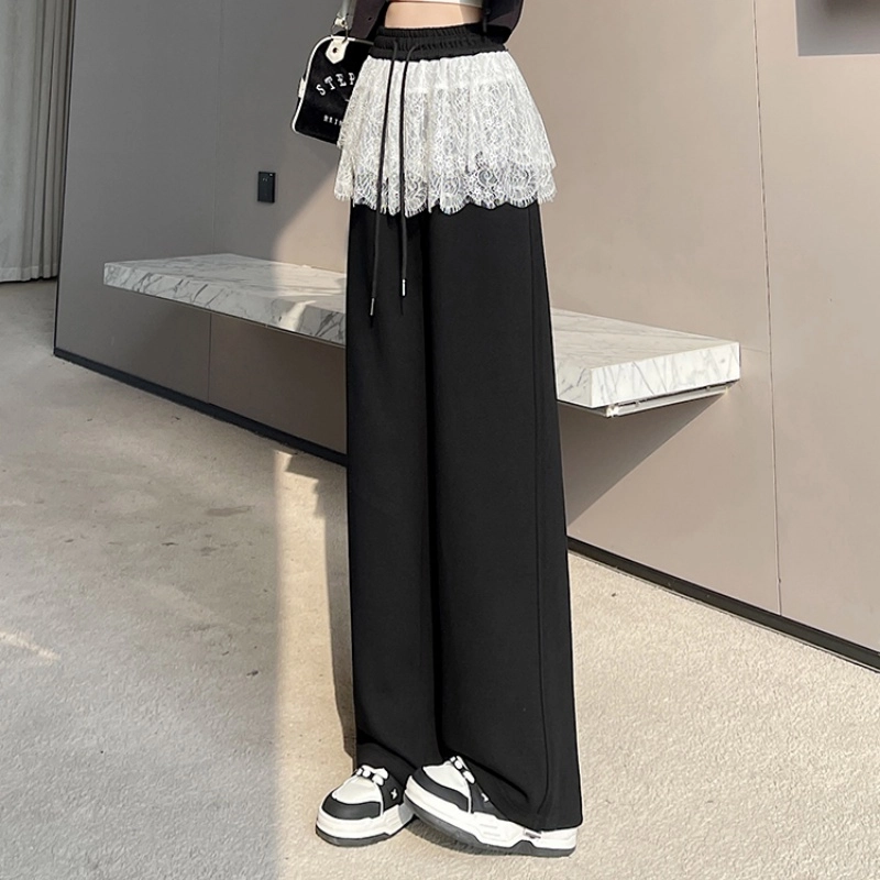 纤丝鸟 时尚拼接蕾丝花边阔腿高腰垂感直筒宽松束脚运动休闲裤 女款