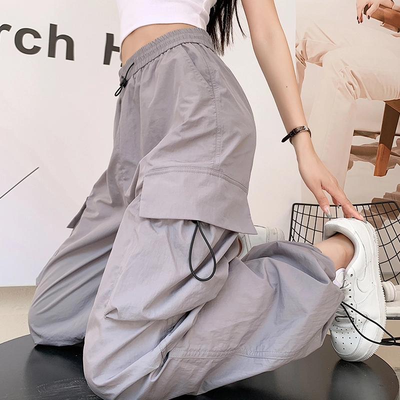 纤丝鸟 美式潮流速干工装裤高腰抽绳阔腿登山裤时尚薄透气休闲裤 女款