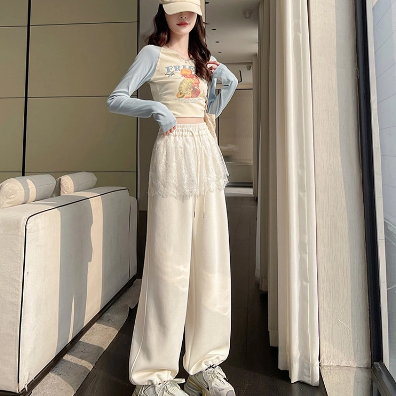 纤丝鸟 时尚拼接蕾丝花边阔腿高腰垂感直筒宽松束脚运动休闲裤 女款