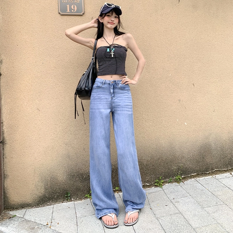 纤丝鸟 美式时尚复古高腰显瘦阔腿垂感百搭直筒透气舒适牛仔裤 女款
