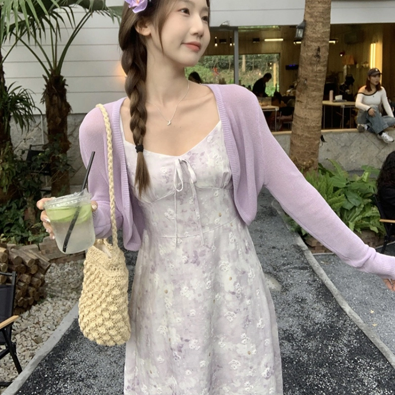 纤丝鸟 法式碎花甜美小清新设计别致百搭时尚外搭吊带连衣裙裙装套装 女款