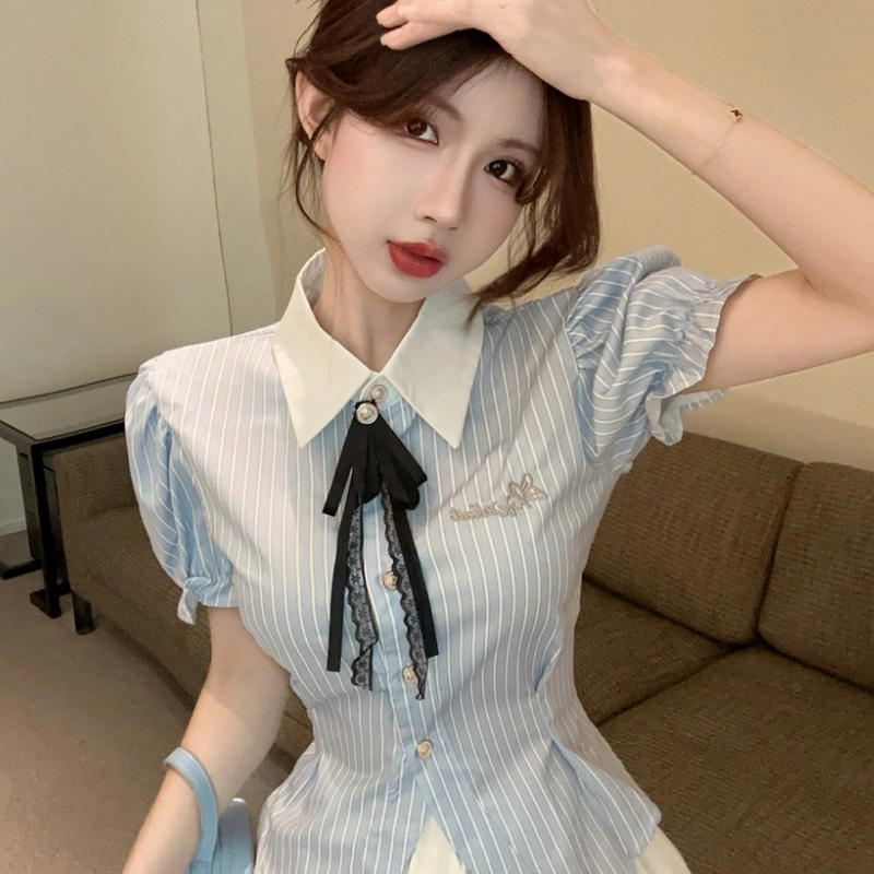 纤丝鸟 韩系甜美减龄小清新翻领衬衣高腰设计感蓬蓬裙裙装套装 女款