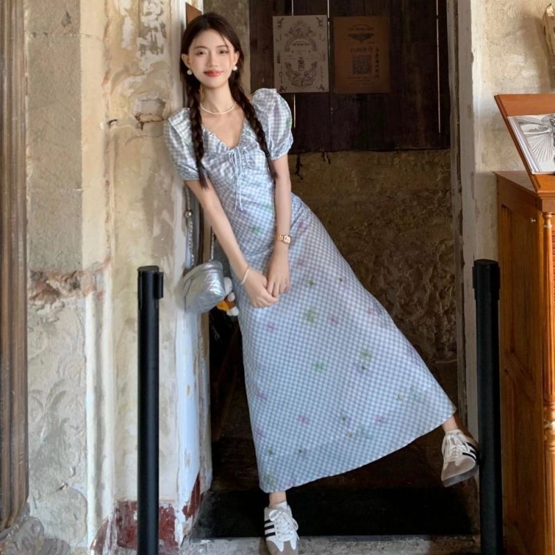 纤丝鸟 法式清新甜美风格纹别致收腰泡泡仙女碎花短袖连衣裙 女款