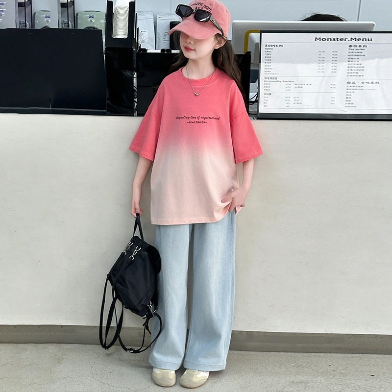 木木屋休闲运动套装 时尚渐变短袖搭配百搭舒适牛仔裤 西瓜红 青少年
