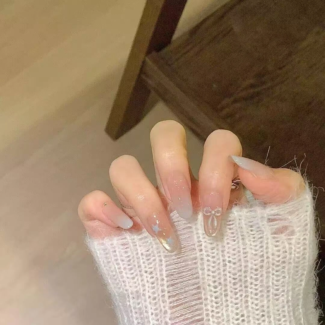 嘉比兔 猫眼渐变温柔奶蓝蝴蝶结星星美甲晕染高级手工穿戴甲显白指甲贴片  杏仁浅色晕染 可爱