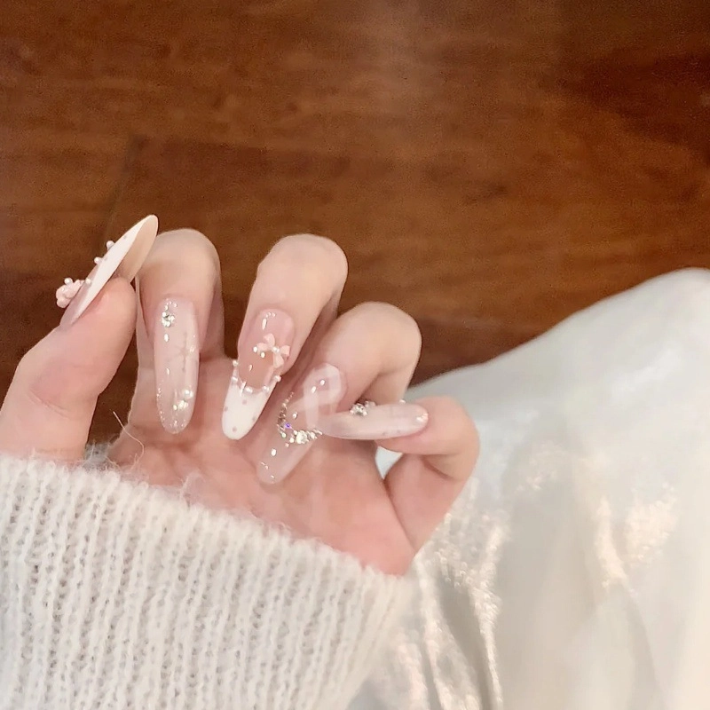 嘉比兔 穿戴甲粉嫩可爱蝴蝶结美甲贴片可拆卸穿戴甲甲片成品指甲贴  杏仁浅色跳色 可爱