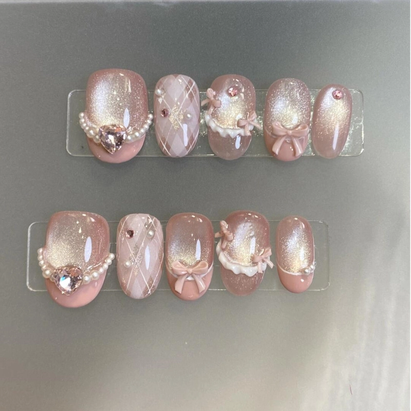 嘉比兔 玻璃珠纯欲粉色猫眼穿戴甲高颜值显白少女心洛可可美甲  杏仁粉色渐变 可爱