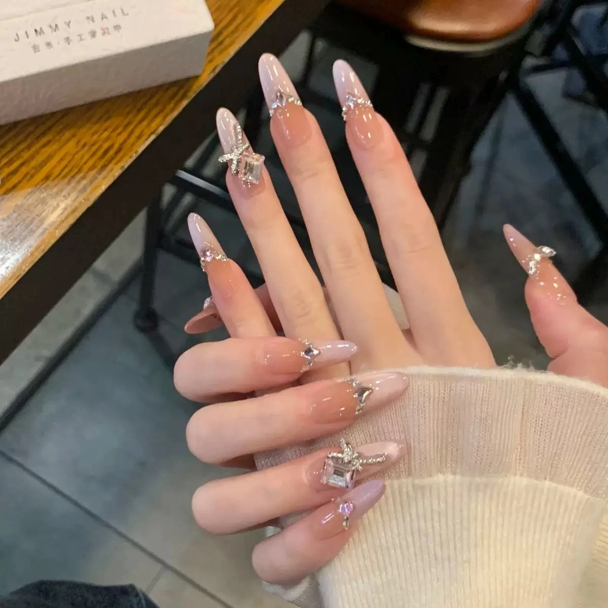 嘉比兔 甜欲氛围感冰透粉系猫眼美甲高级指甲贴假指甲手工美甲穿戴甲  长款浅色裸色 可爱