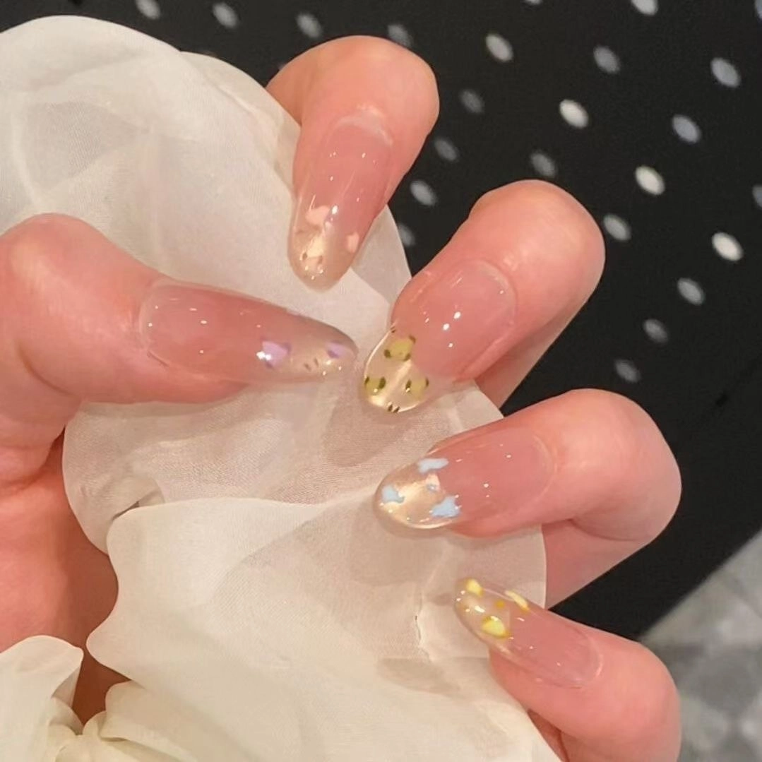 嘉比兔 彩绘猫眼法式七彩豹纹显白纯欲可爱手工穿戴美甲  杏仁浅色晕染 可爱