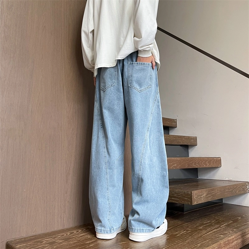 华夏儿女 美式廓形复古宽松休闲裤夏季男女款水洗做旧直筒褶皱弯刀阔腿牛仔裤 男款