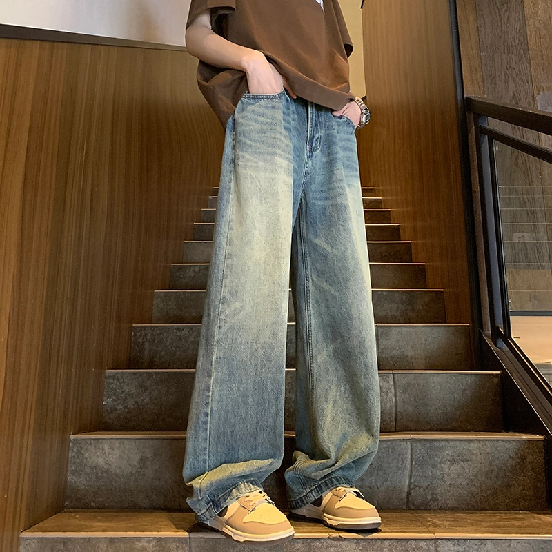 华夏儿女 秋冬季男女款美式高街潮流宽松直筒裤时尚潮牌设计感休闲百搭阔腿牛仔裤 男款