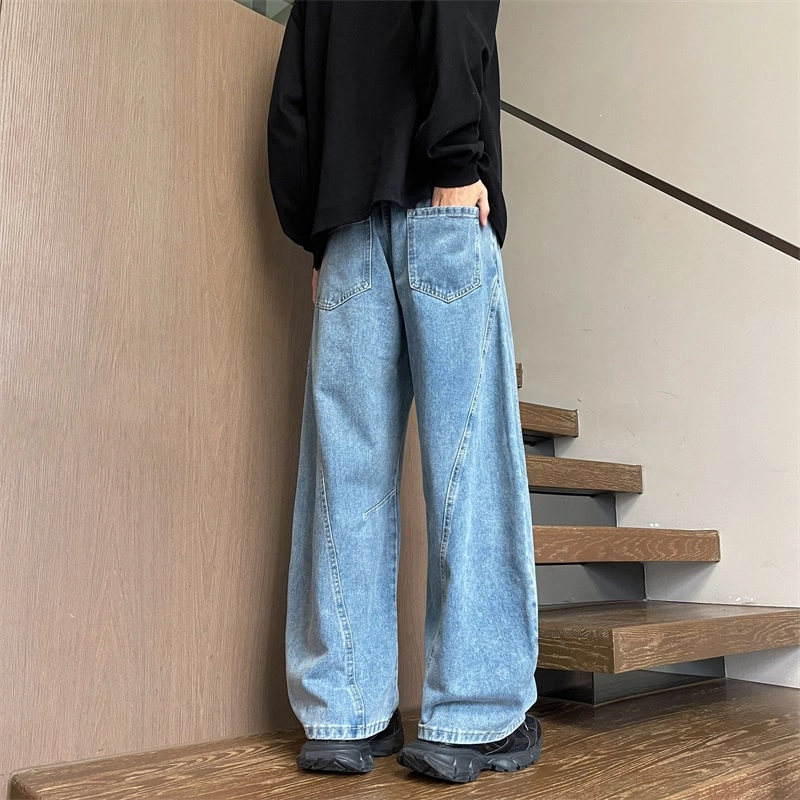 华夏儿女 美式廓形复古宽松休闲裤夏季男女款水洗做旧直筒褶皱弯刀阔腿牛仔裤 男款