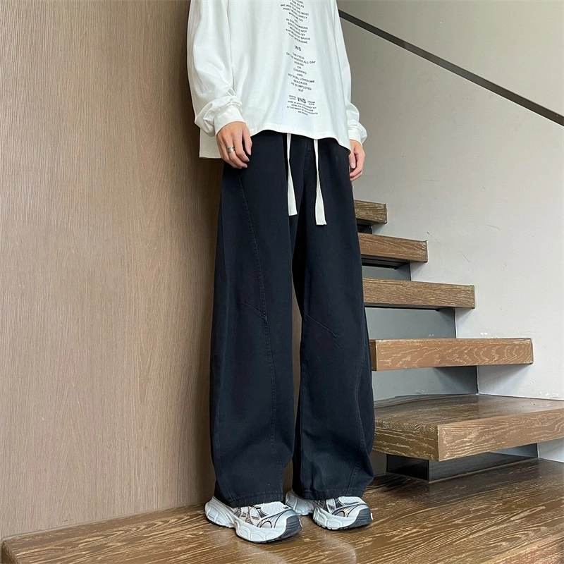华夏儿女 美式廓形复古宽松休闲裤夏季男女款水洗做旧直筒褶皱弯刀阔腿牛仔裤 男款