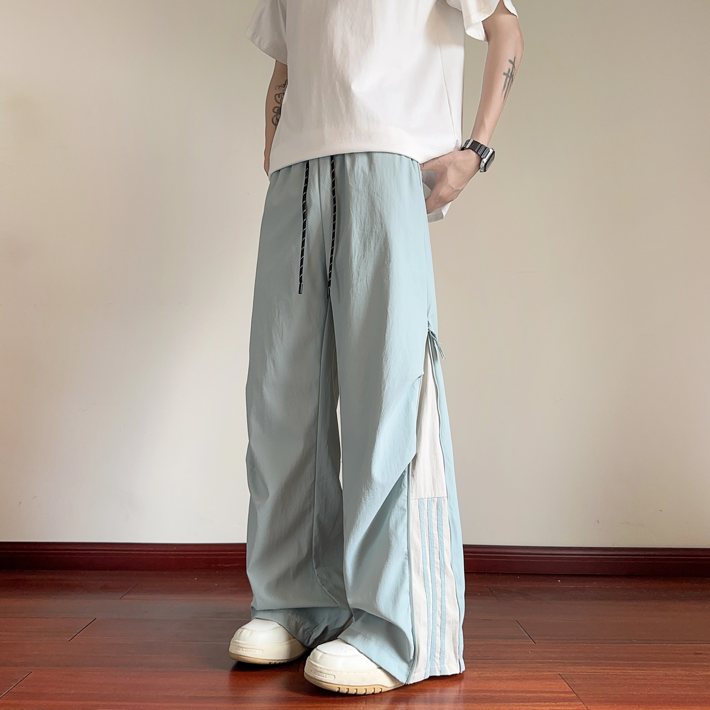 华夏儿女 秋季男女款美式三条杠拉链设计百搭舒适速干阔腿休闲裤 男款