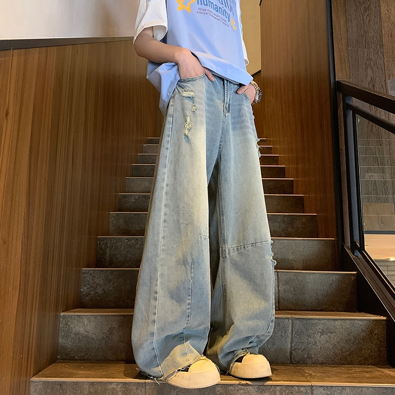华夏儿女 秋冬季男女款美式高街潮流宽松直筒裤时尚潮牌设计感休闲百搭阔腿牛仔裤 男款