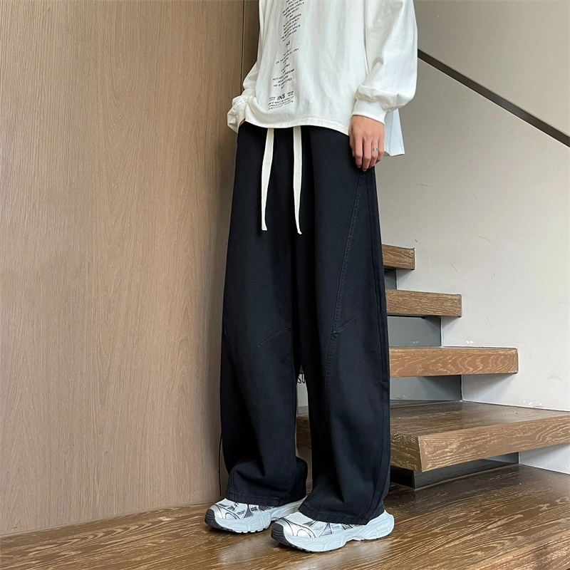 华夏儿女 美式廓形复古宽松休闲裤夏季男女款水洗做旧直筒褶皱弯刀阔腿牛仔裤 男款